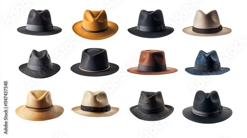 Collection of fedora hats from different points of view, isolated on white background