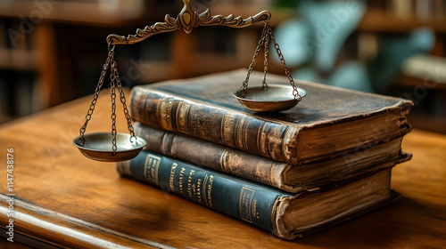 Antique Scales Balance Old Books, Justice Concept