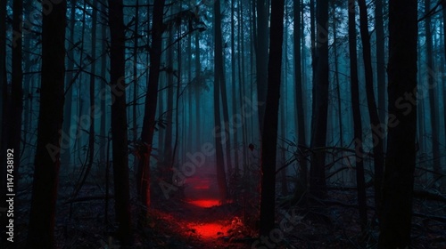 A forest filled with shadowy figures and glowing red eyes.