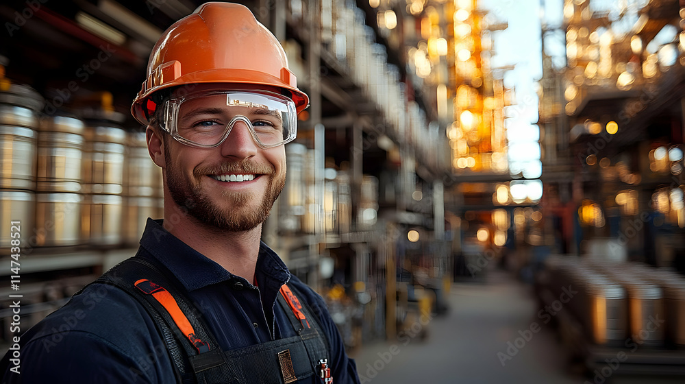 Worker Smiles in Industrial Plant Setting Worker Smiles in Industrial Plant Setting