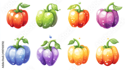 Colorful bell peppers arranged in a vibrant pattern on a white background. 