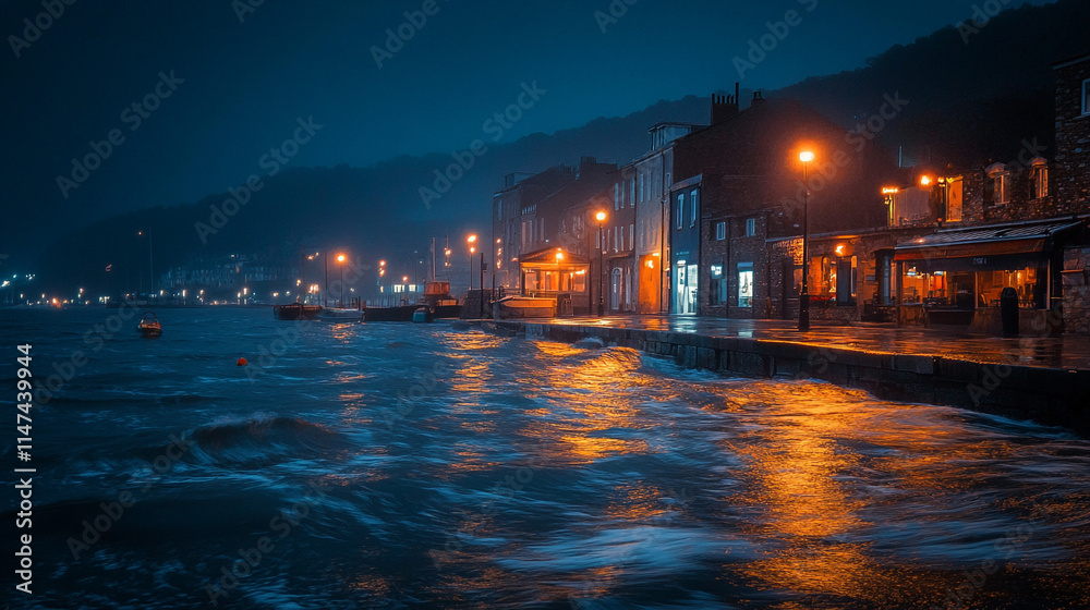 Naklejka premium Charming waterfront at night with glowing street lights and gentle waves. 