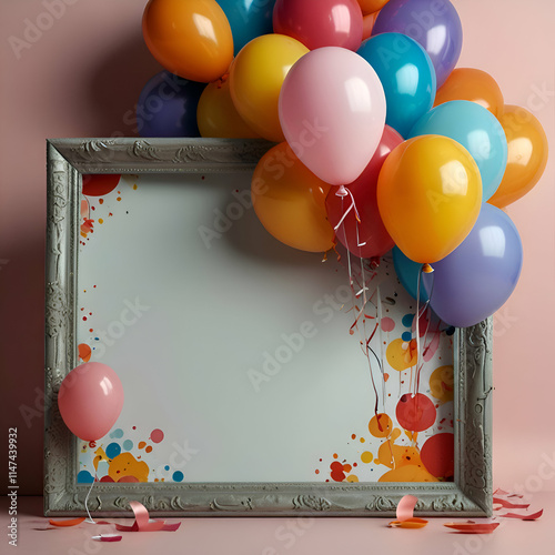 beautiful happy birthday card with balloons and blank photo frame 