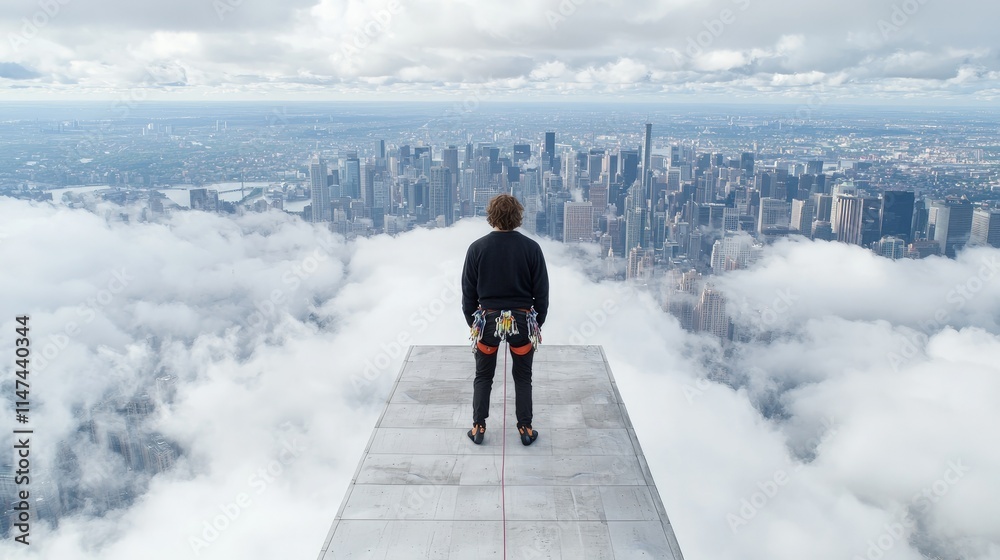 Man standing on a high platform above clouds overlooking a cityscape. Man standing on a high platform above clouds overlooking a cityscape.
