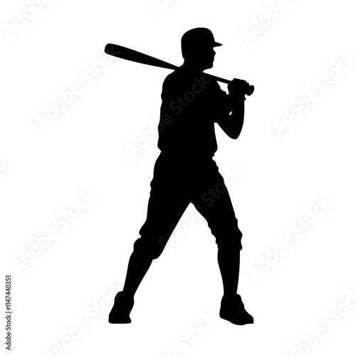 Silhouette of Baseball Player Holding Bat, Silhouette of a baseball player in a batting stance, holding a bat, isolated on a white background.

