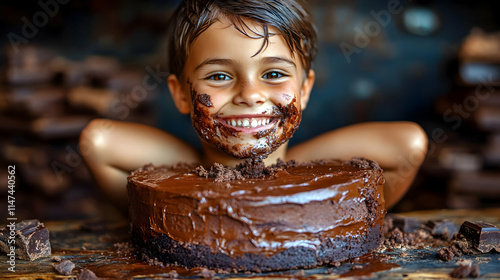 Child Devours Delicious Chocolate Cake, Sweet Treat Fun!