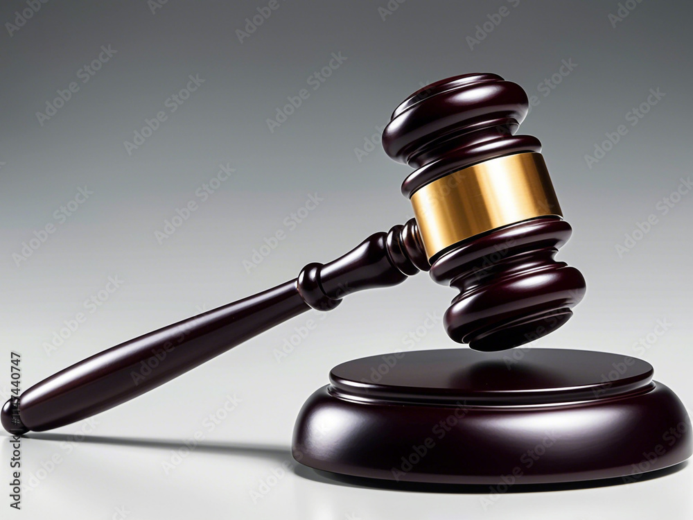  A wooden gavel on a table, representing the legal system and judicial process on white background 
