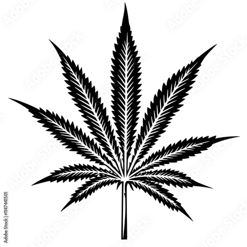 Decorative Cannabis Leaf Silhouette Design, Intricate black silhouette of a cannabis leaf with decorative patterns, isolated on a white background.


