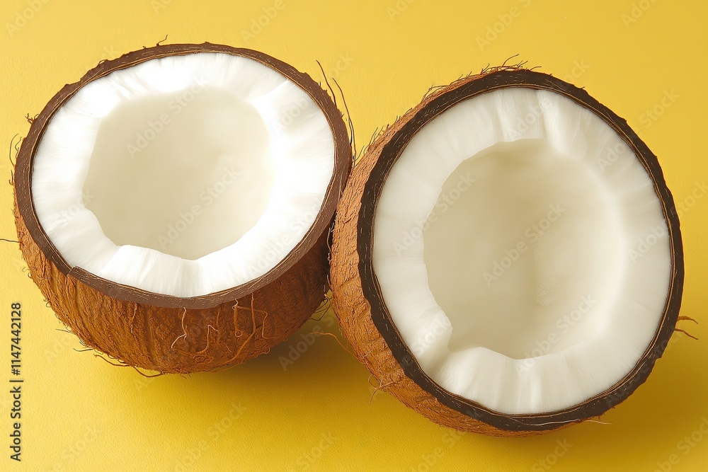 Tropical Halved Coconut Fruits on Yellow Background Tropical Halved Coconut Fruits on Yellow Background