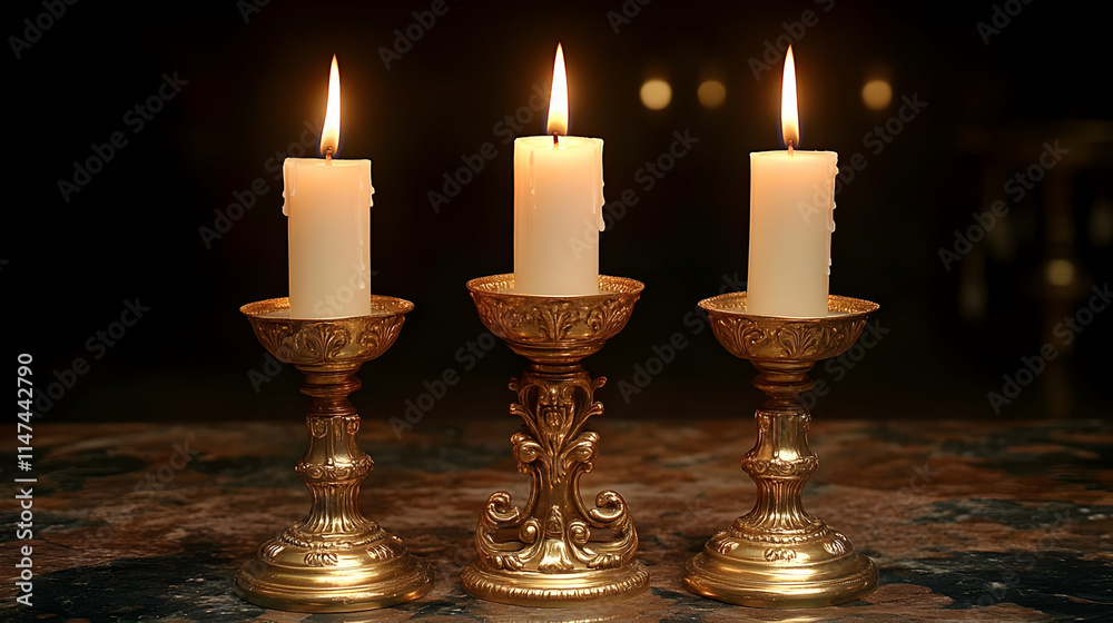 Burning Candles in Ornate Holders Glow Brightly Burning Candles in Ornate Holders Glow Brightly