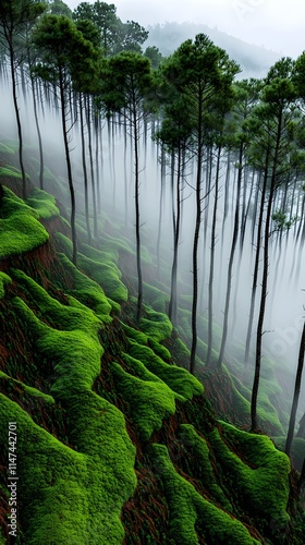 A serene landscape showcasing tall, slender trees surrounded by lush green moss and a misty atmosphere, creating a tranquil and mystical vibe. photo