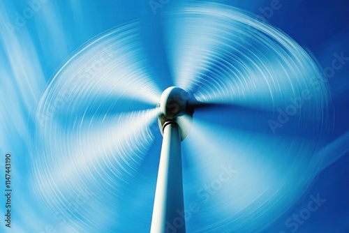 A close-up of a wind turbine's rotor spinning, with the blue sky as a backdrop. The motion blur of the blades captures the dynamic energy production process. This image emphasizes the engineering