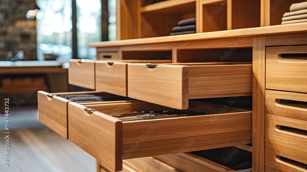 Open drawers to reveal the interior of a wooden cabinet, highlighting craftsmanship and organization Open drawers to reveal the interior of a wooden cabinet, highlighting craftsmanship and organization