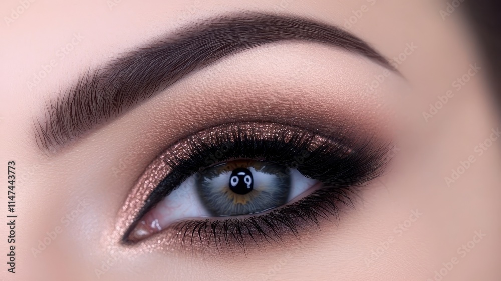 A close-up of a beautifully made-up eye featuring striking eyeliner, shimmering eyeshadow, and well-defined brows, showcasing artistry and elegance. A close-up of a beautifully made-up eye featuring striking eyeliner, shimmering eyeshadow, and well-defined brows, showcasing artistry and elegance.