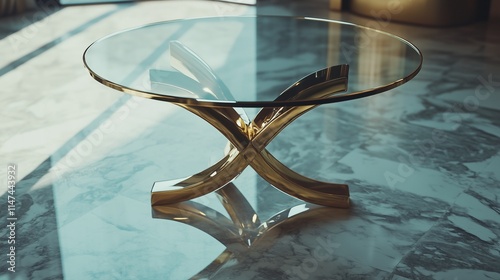 Round glass-top table with metallic gold legs, reflecting elegance on a marble floor.
