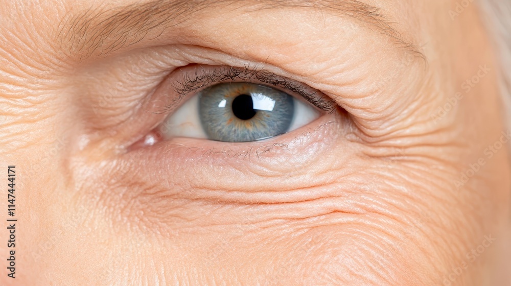 Obraz premium A close-up of an elderly person's eye, showcasing fine lines and a vibrant blue iris, reflecting wisdom and the passage of time.