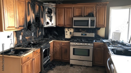A kitchen with fire damage, soot and debris on the cabinets and appliances.
