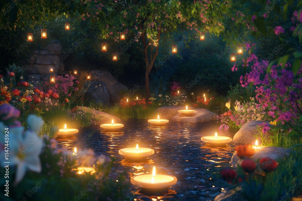 Elegant garden party set in a lush, blooming garden with floating candles gently illuminating the scene, creating a magical atmosphere.