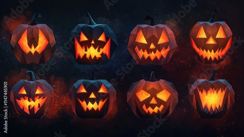 Collection of Colorful Polygonal Halloween Pumpkin Faces