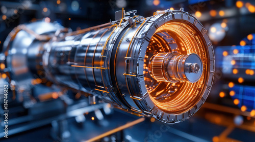 Close up of futuristic engine showcasing intricate metallic details and glowing elements, highlighting advanced technology and engineering marvels