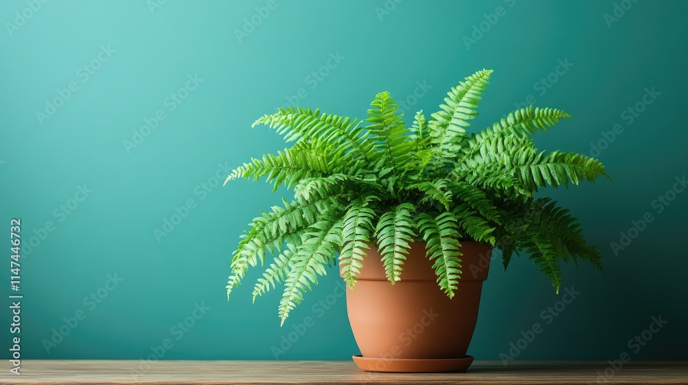 Lush green fern in terracotta pot against teal wall. (1)