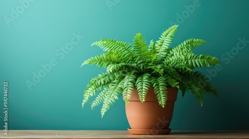 Lush green fern in terracotta pot against teal wall. (1)