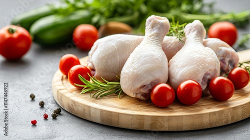 A detailed shot of fresh raw chicken drumsticks placed on a wooden platter, surrounded by fresh vegetables for color.