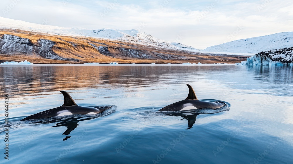 Fototapeta premium A whale-watching tour in Iceland, where travelers capture glimpses of humpbacks and orcas against a backdrop of icy fjords and rugged cliffs. 