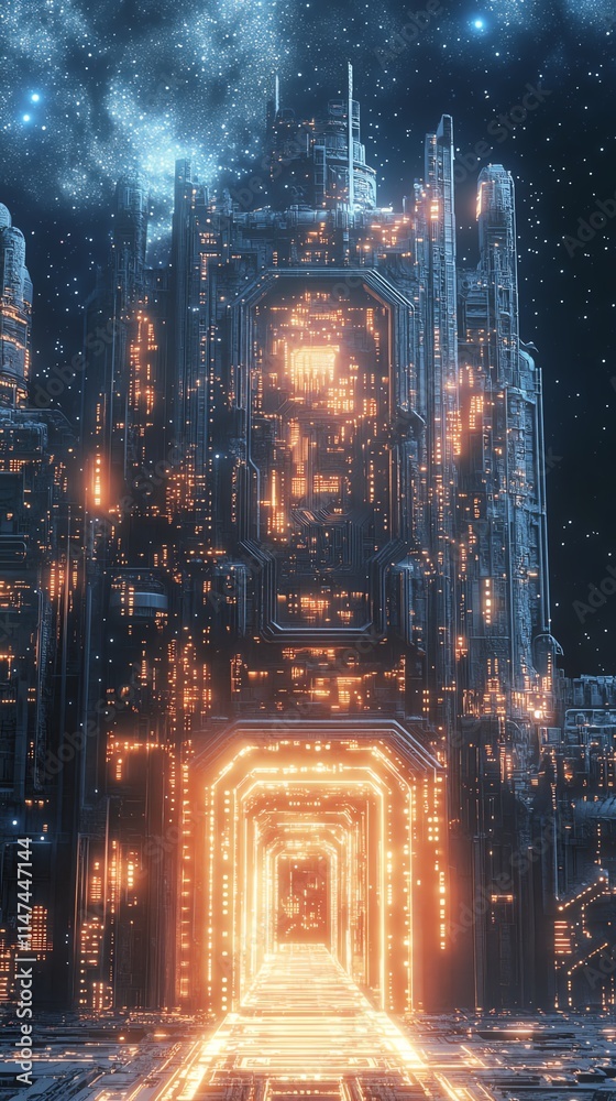 Fototapeta premium Futuristic cityscape with glowing neon structures at night.