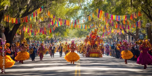 A vibrant street parade during Mardi Gras in New Orleans, where costumed dancers, floats, and lively brass bands fill the streets under colorful decorations. 