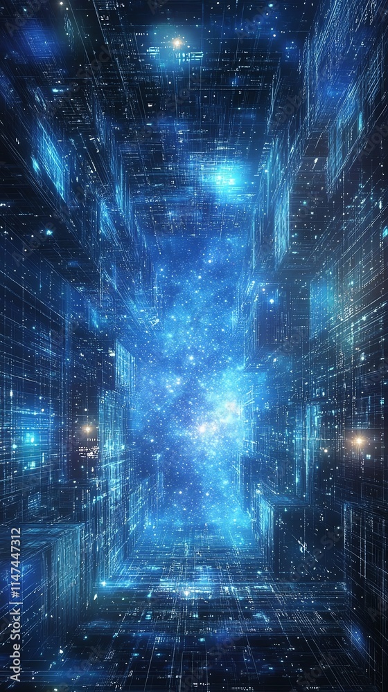 Obraz premium Futuristic digital space with glowing blue elements and stars.