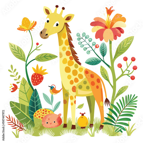 This captures the key elements: giraffe, flowers, grass, and the playful, fun tone, all while staying clear and descriptive