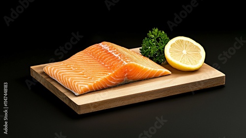 Fresh raw salmon fillet on a wooden cutting board, garnished with parsley and lemon slices, showcasing vibrant orange hues. photo