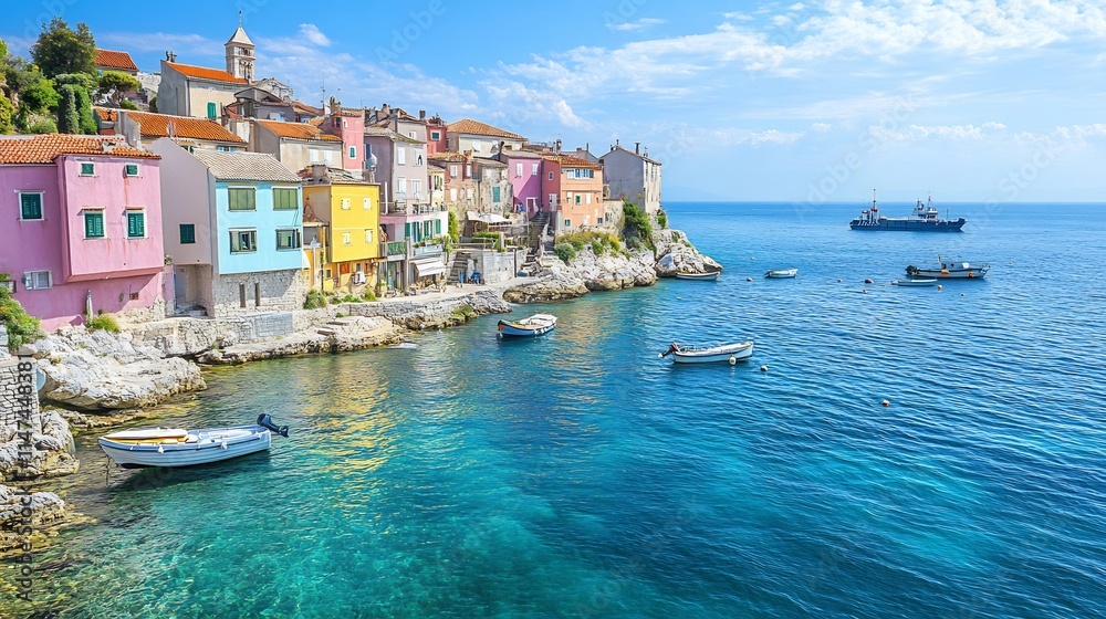 Obraz premium Picturesque Coastal Town with Colorful Houses and Boats