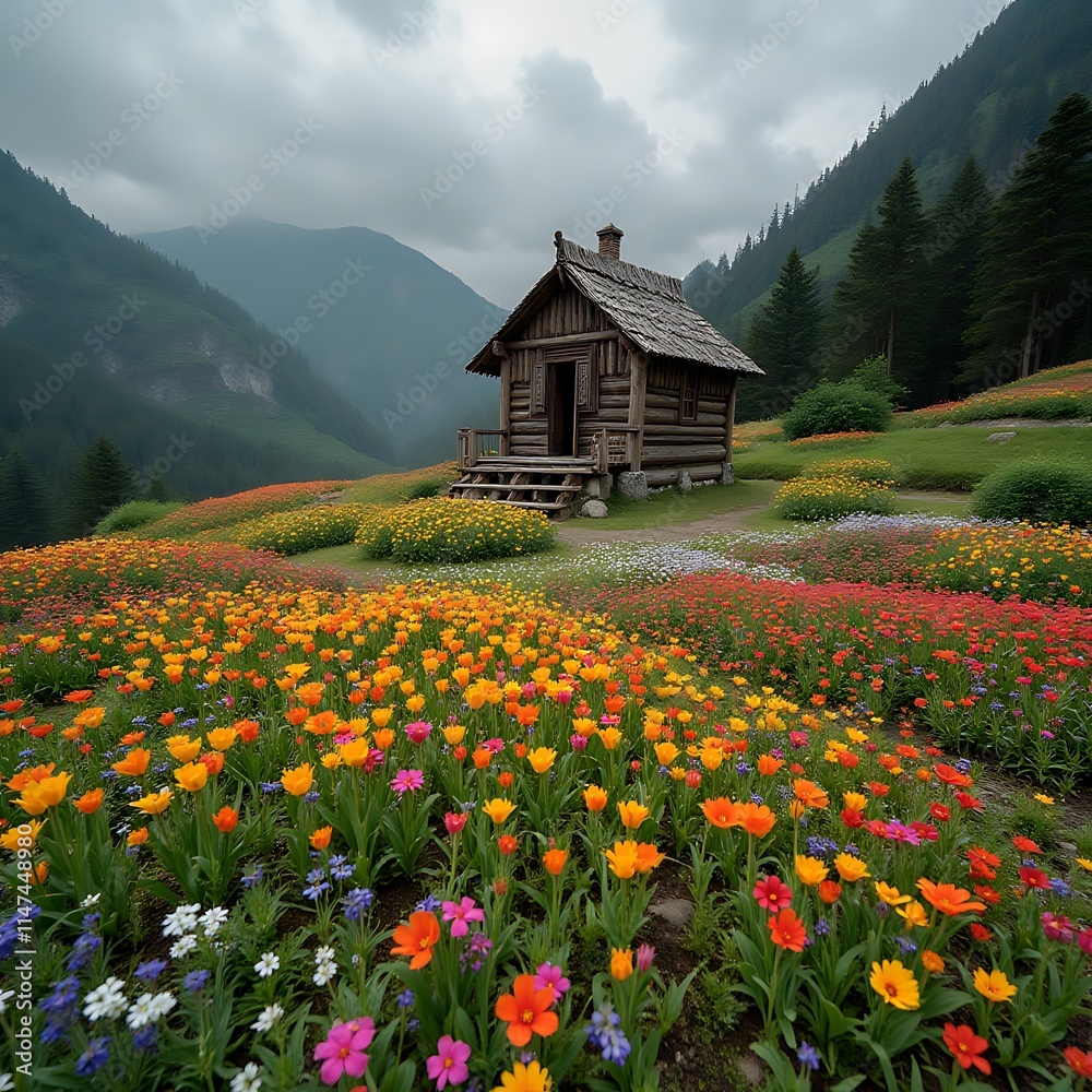 Fototapeta premium Rustic Mountain Cabin Surrounded by Vibrant Wildflower Meadow Against Dramatic Sky