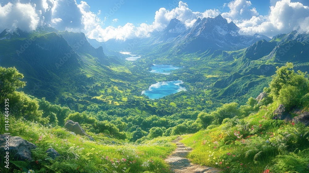 Fototapeta premium Mountain valley, lakes, path, lush green landscape.