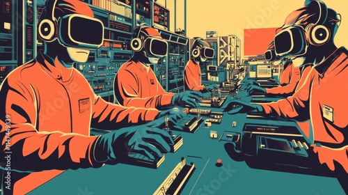 Futuristic workers in VR headsets collaborate at a complex control panel in a vibrant retro-style illustration. photo