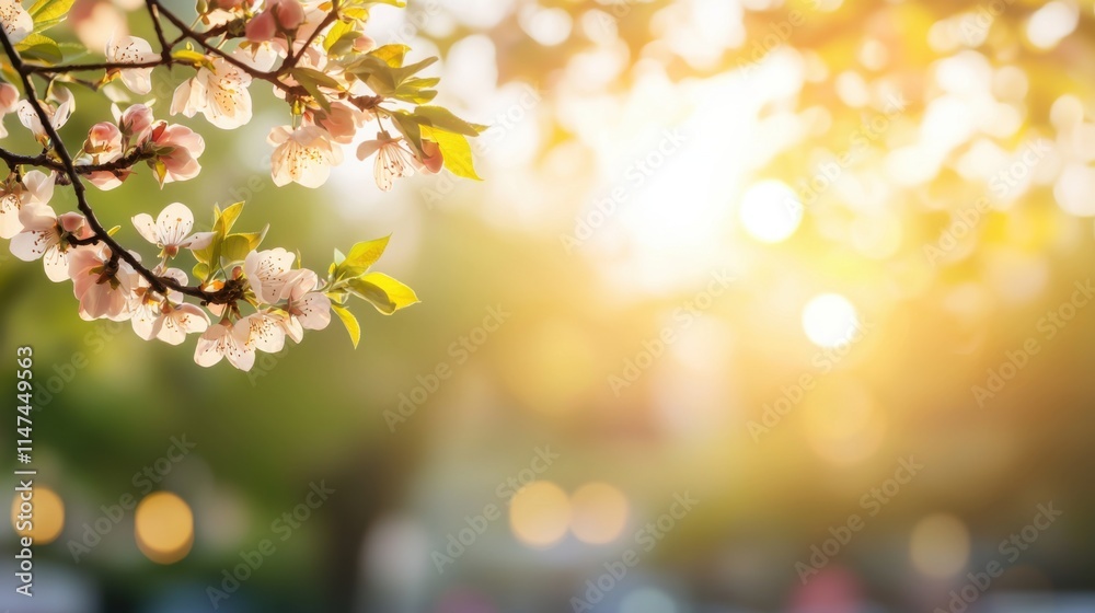 Fototapeta premium Colorful and Playful Spring Scene with Blooming Trees Illuminated by Soft Sunlight