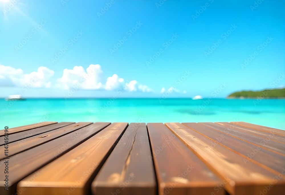 Fototapeta premium Wooden dock overlooking a tropical beach with turquoise water and a clear blue sky