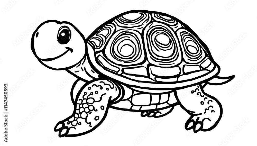 Fototapeta premium “Smiling Turtle Outline Only, No Fill Color, Thicker Line” – A doodle of a turtle with a big smile and a patterned shell, drawn with thick outlines and no fill color on a plain white background. 