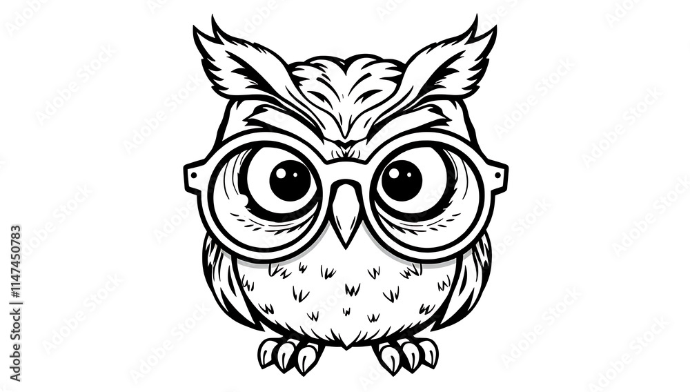 Fototapeta premium “Funny Owl with Oversized Glasses Outline Only, No Fill Color, Thicker Line” – A doodle of an owl with huge round glasses, drawn in a thick-lined outline style with no fill color on a plain white back