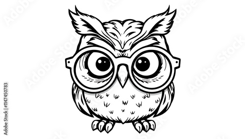 “Funny Owl with Oversized Glasses Outline Only, No Fill Color, Thicker Line” – A doodle of an owl with huge round glasses, drawn in a thick-lined outline style with no fill color on a plain white back