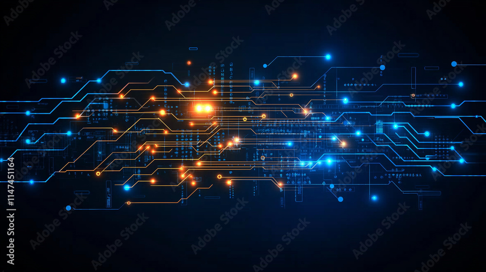 Obraz premium Digital Pathways: Abstract glowing circuit board pattern. Futuristic technology background with blue and orange illuminated lines, nodes, and digital data streams. Perfect for tech, innovation.