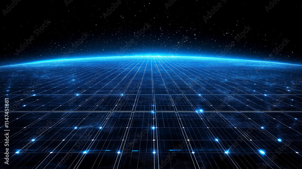 Digital Horizon: A mesmerizing abstract of a glowing blue horizon with a grid of lines and dots, evoking a sense of connectivity and limitless possibilities.