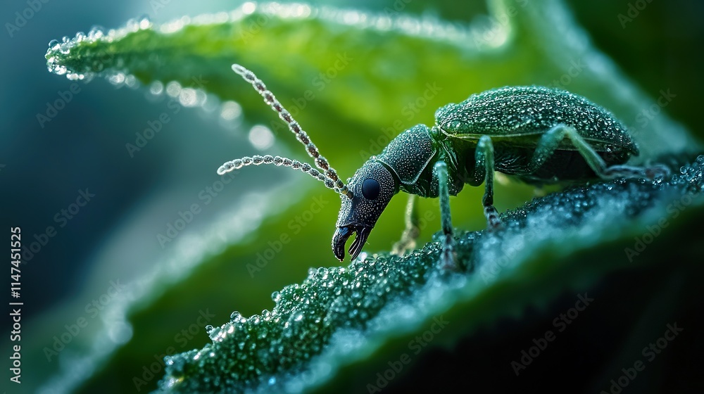 Naklejka premium Close-up of a green insect on a dewy leaf, showcasing intricate details and vibrant colors.
