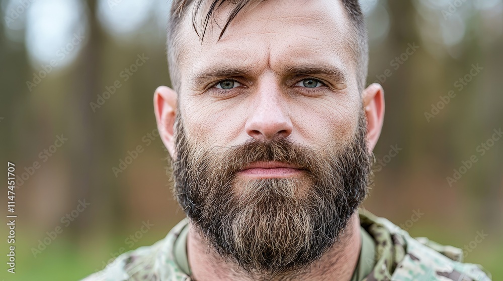 Close-up portrait of a serious, bearded soldier. Close-up portrait of a serious, bearded soldier.