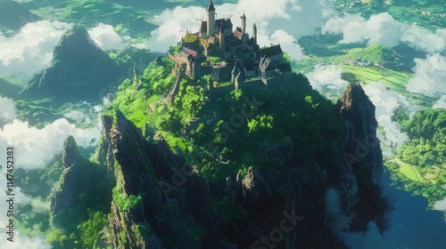 Majestic castle atop a lush green mountain island, surrounded by clouds and scenic landscape.