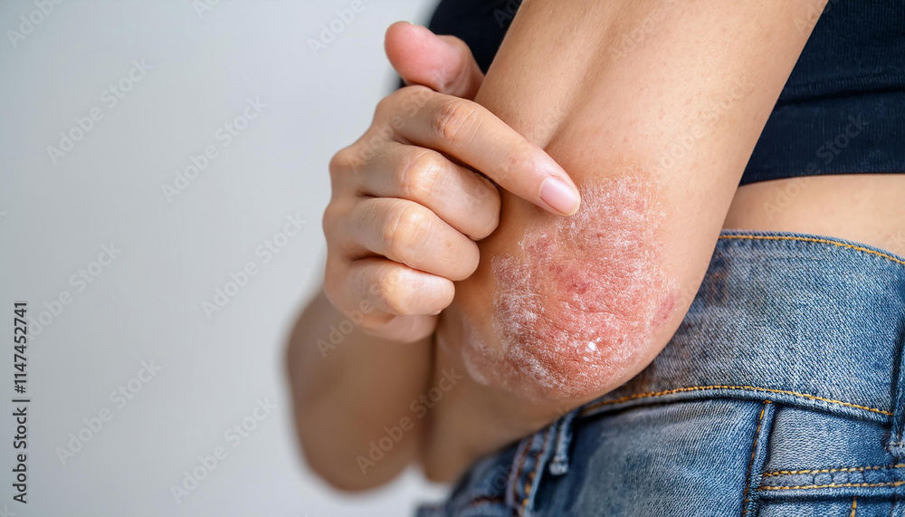 Asian woman with acute psoriasis on her elbows.