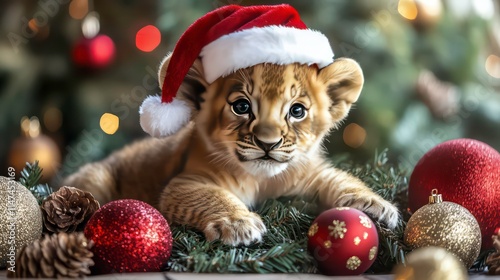 Adorable lion cub wearing Santa hat amidst Christmas ornaments. (2) photo