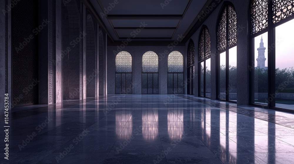 Fototapeta premium An empty grand hall featuring traditional Islamic arched windows and a polished marble floor reflecting the soft light.